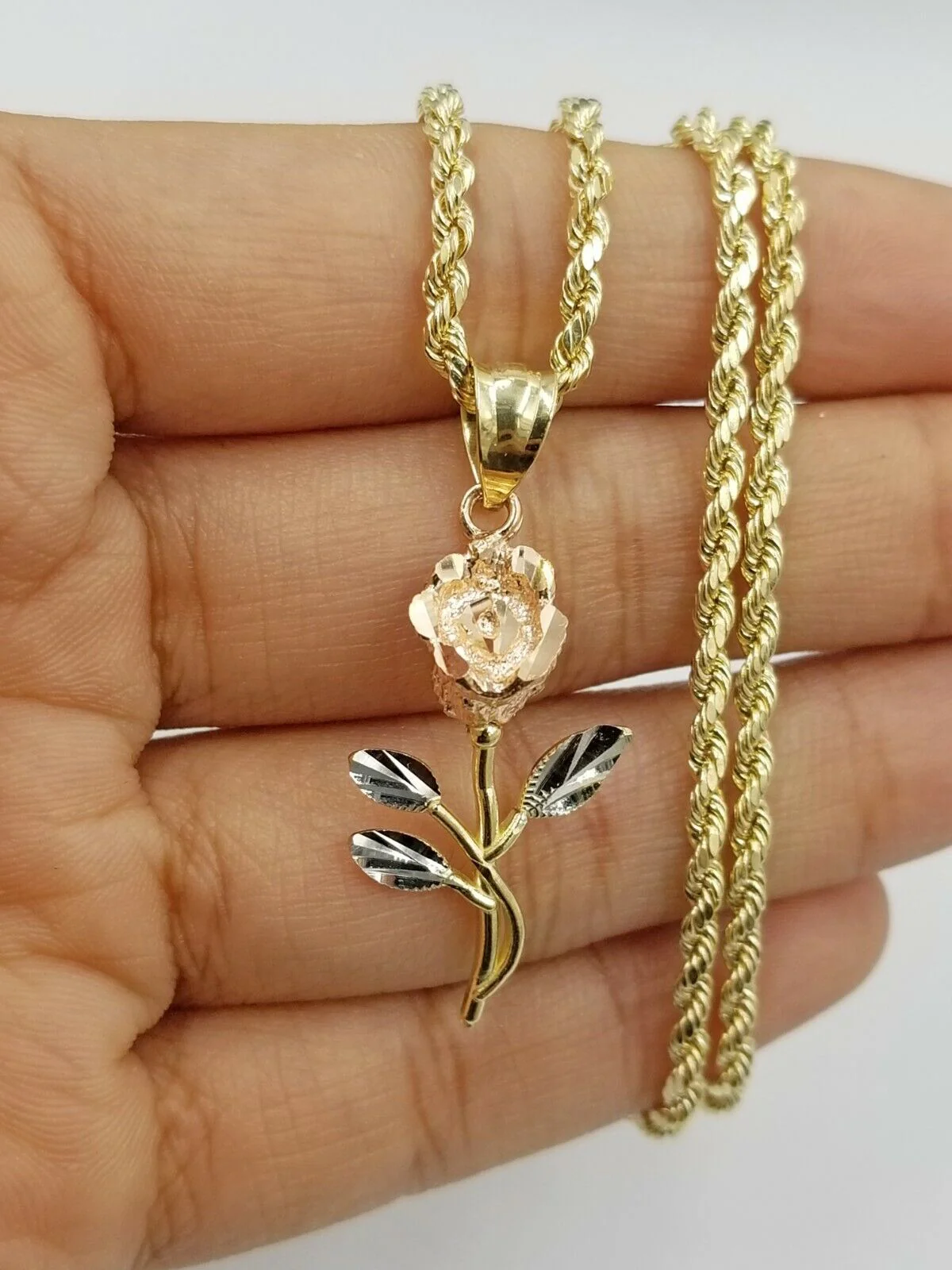 Solid 10k Rose Yellow White Gold Rose Flower Charm Trio Pendant DiamondCut Women - Image 5