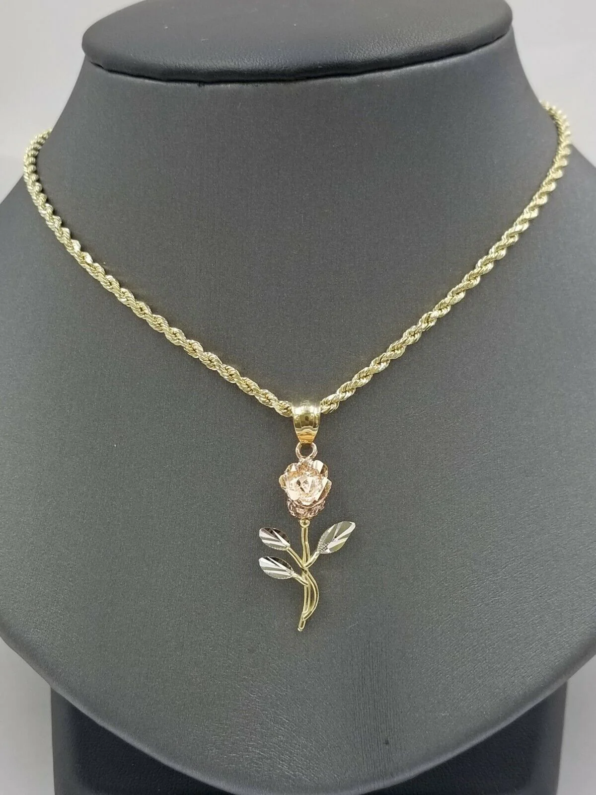 Solid 10k Rose Yellow White Gold Rose Flower Charm Trio Pendant DiamondCut Women - Image 6