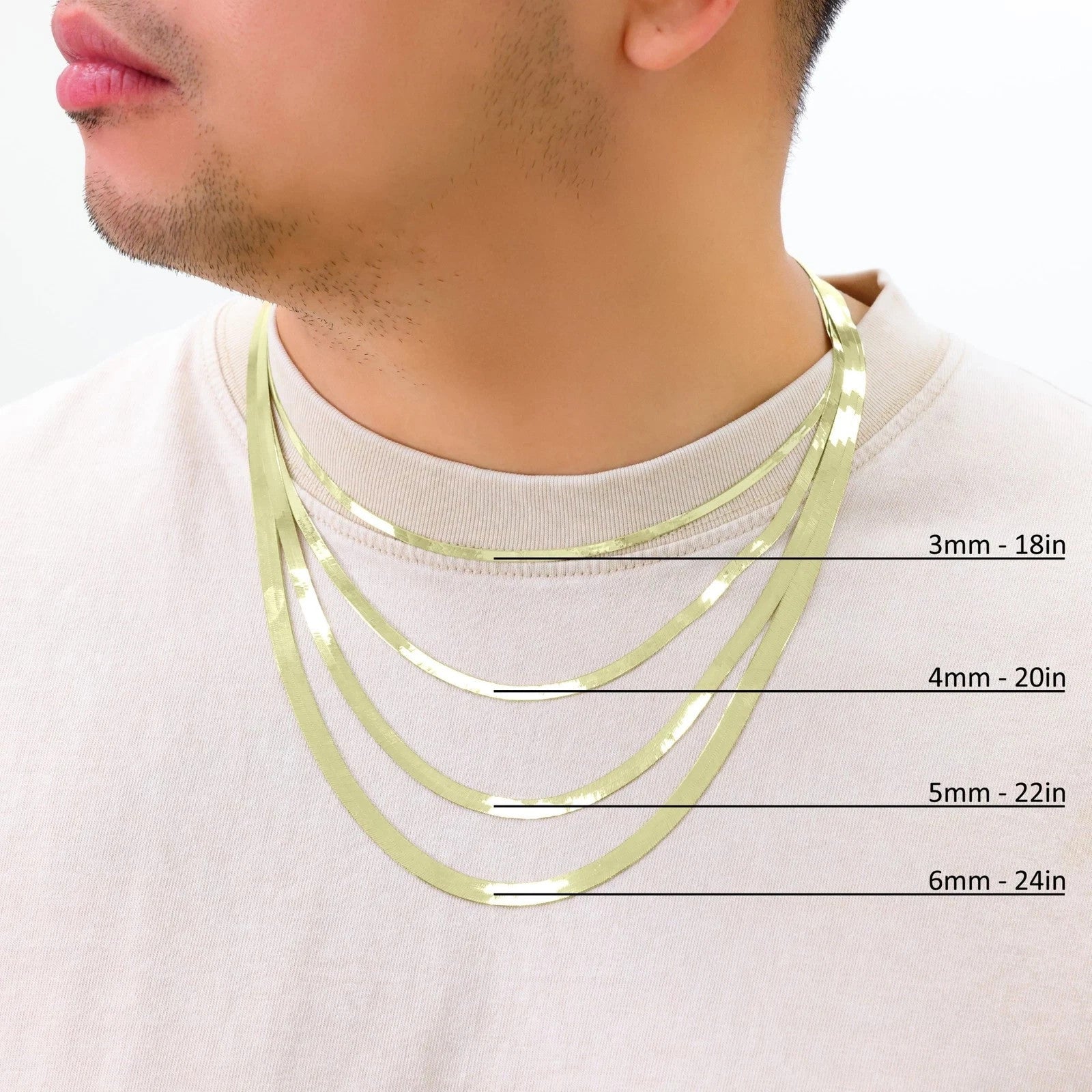 Solid 10K Yellow Gold 3mm-9mm Flat Herringbone Chain Necklace Women Men 16"- 24" - Image 2