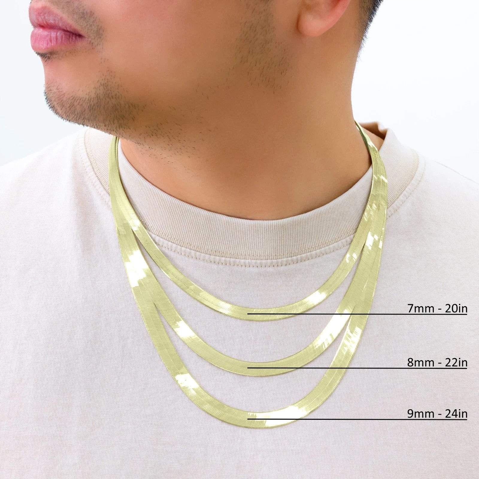 Solid 10K Yellow Gold 3mm-9mm Flat Herringbone Chain Necklace Women Men 16"- 24" - Image 3