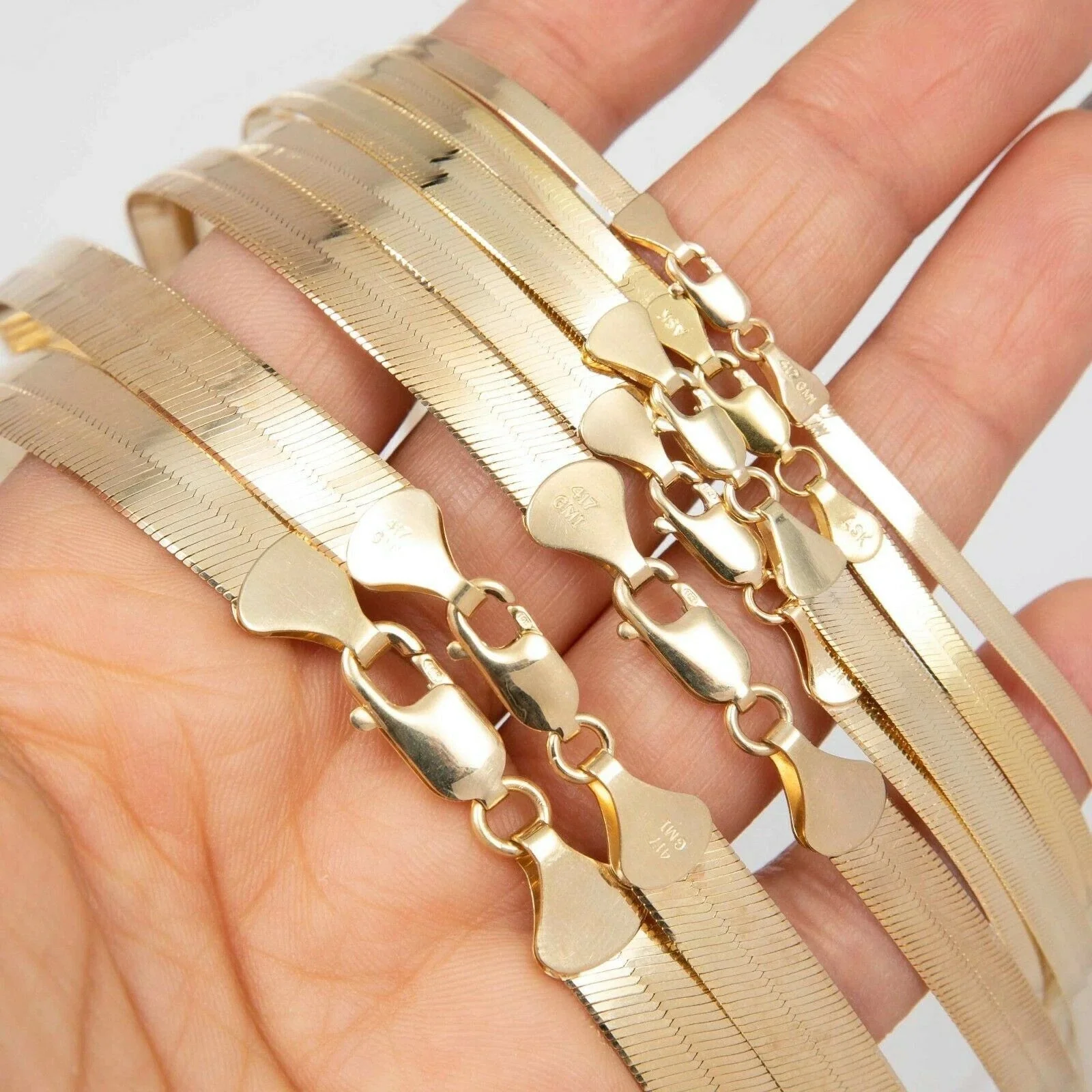 Solid 10K Yellow Gold 3mm-9mm Flat Herringbone Chain Necklace Women Men 16"- 24" - Image 4