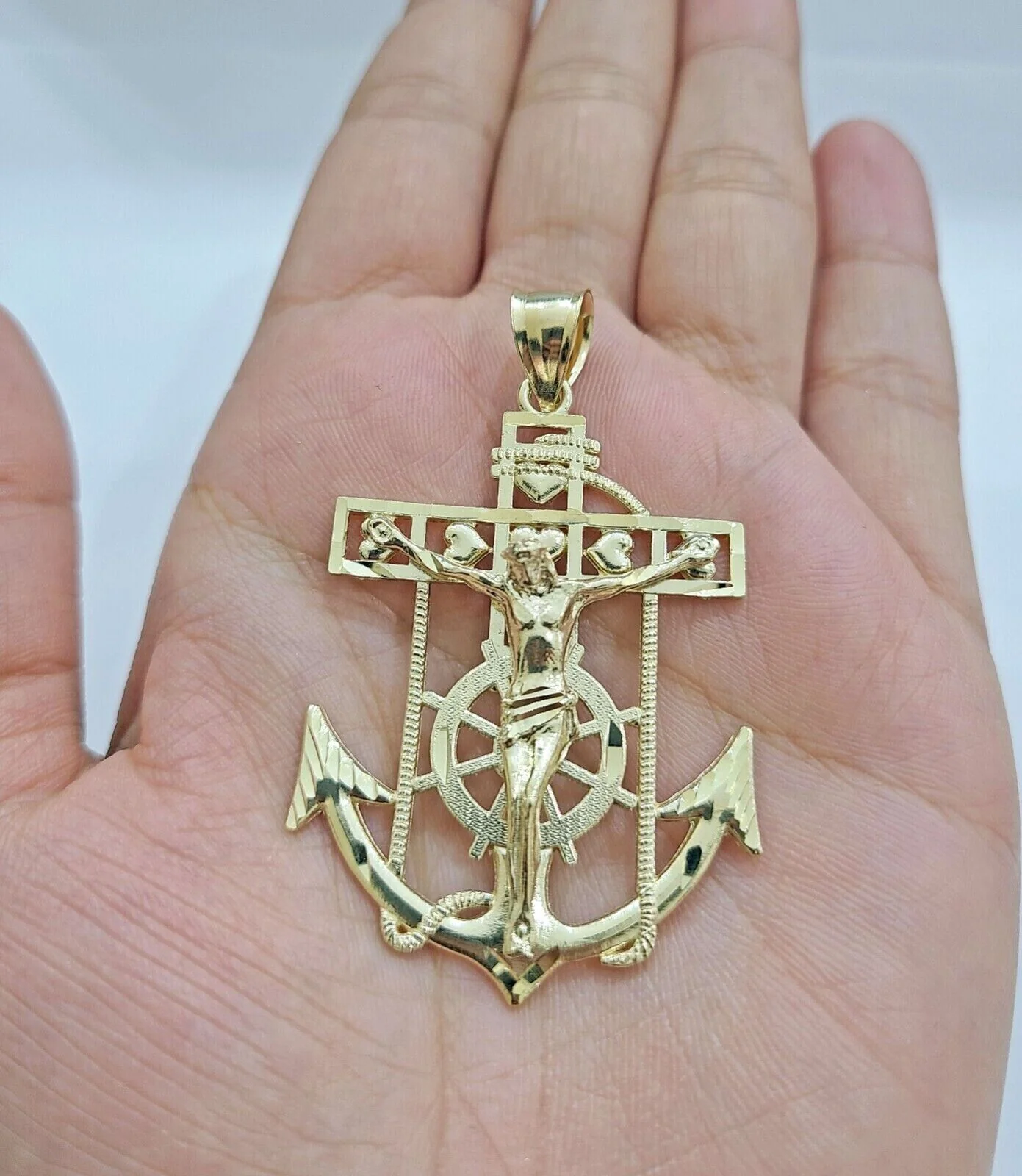Solid 10k Yellow Gold Charm Anchor Pendant Mens Real 10 KT With Jesus crucifix - Image 2