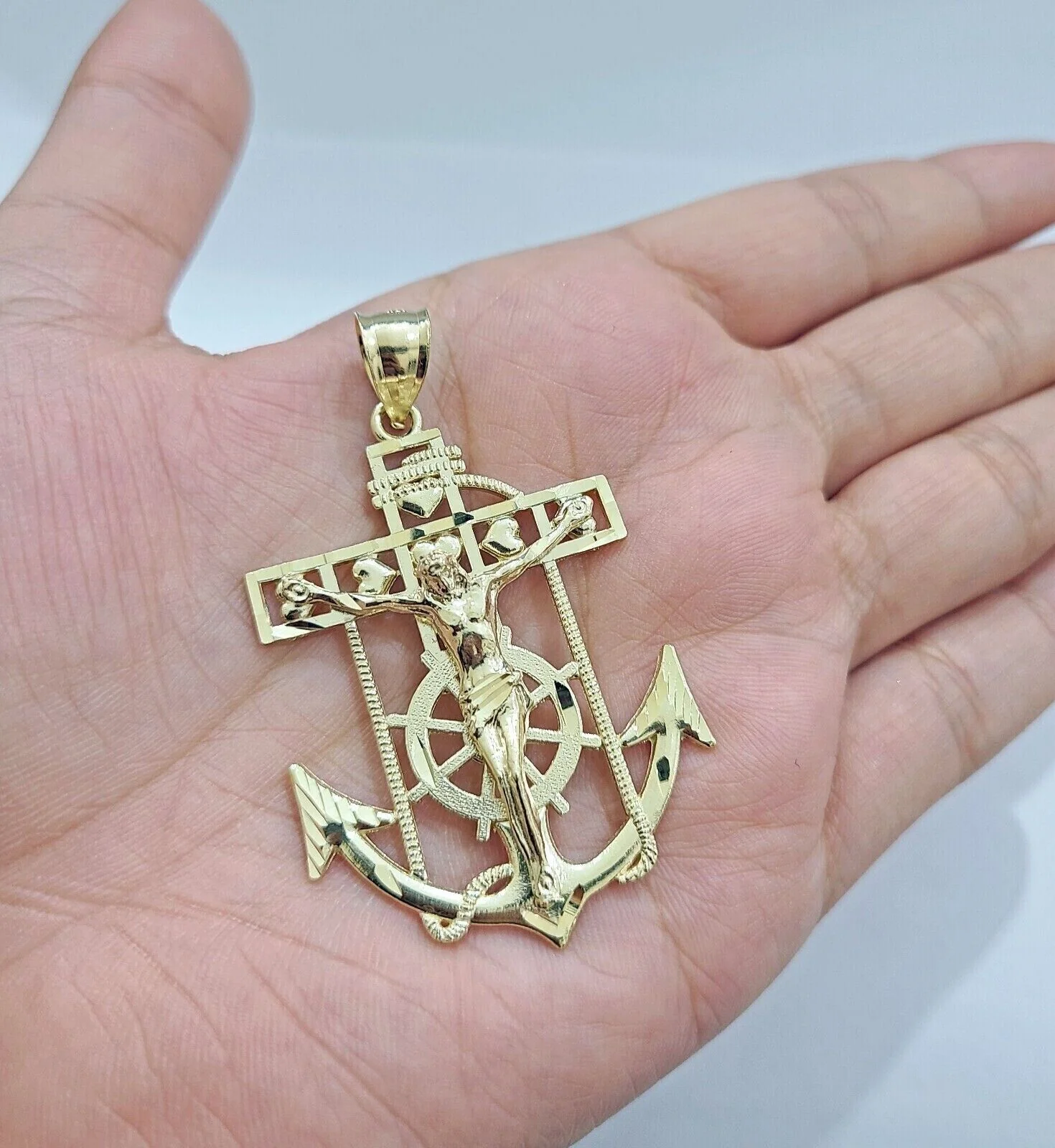 Solid 10k Yellow Gold Charm Anchor Pendant Mens Real 10 KT With Jesus crucifix - Image 5