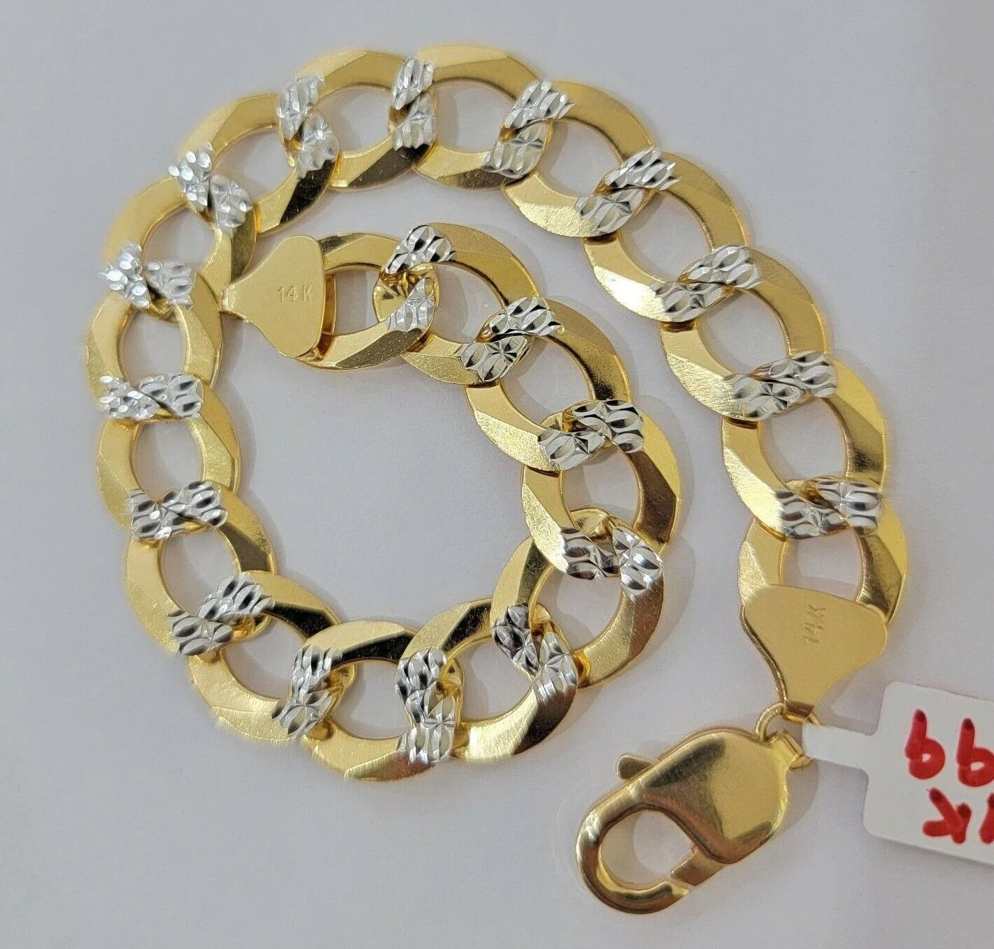 Solid 14k Gold Cuban Curb link Bracelet 9 Inch 13.5mm Two-Tone Diamond Cut Heavy - Image 2