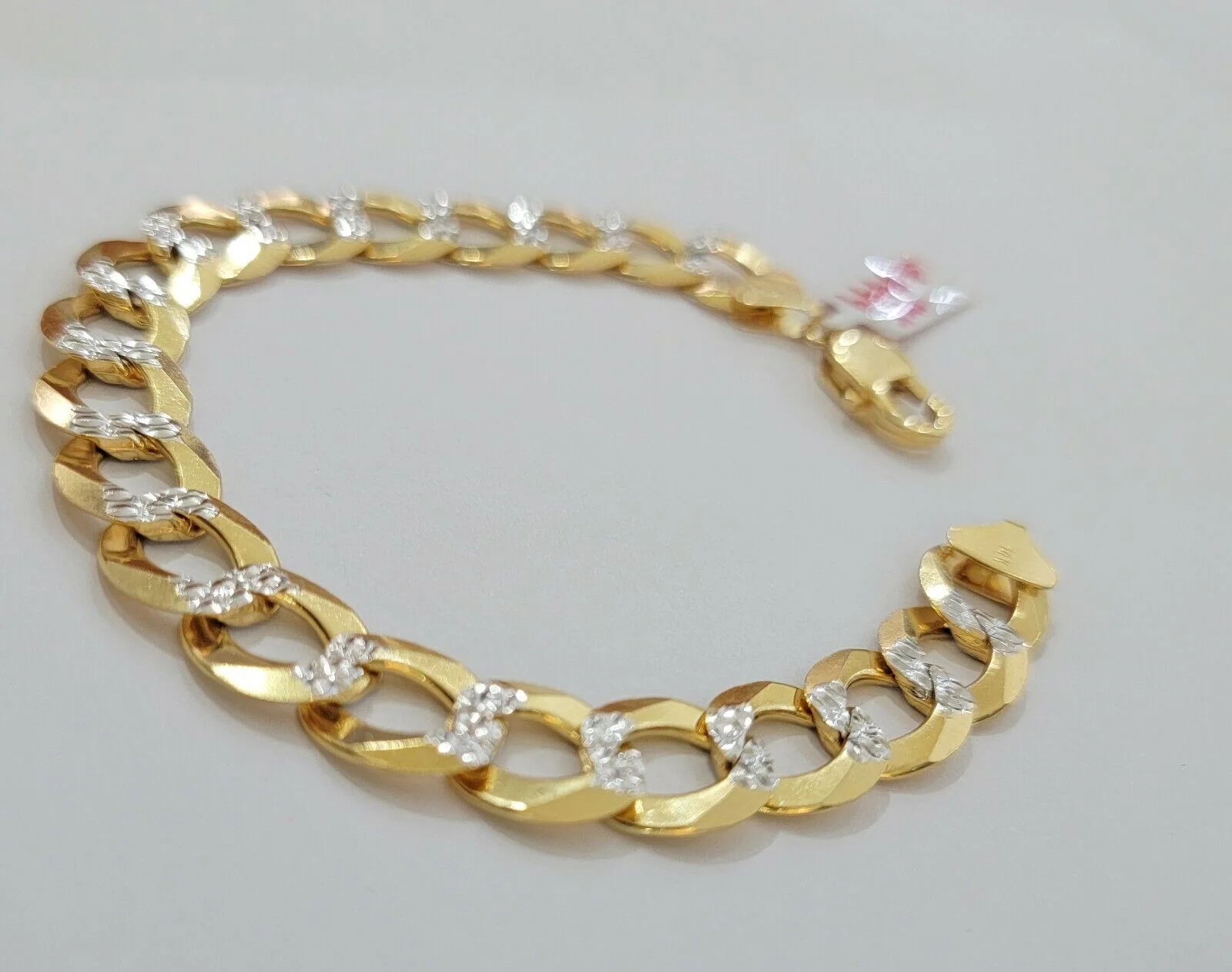Solid 14k Gold Cuban Curb link Bracelet 9 Inch 13.5mm Two-Tone Diamond Cut Heavy - Image 6