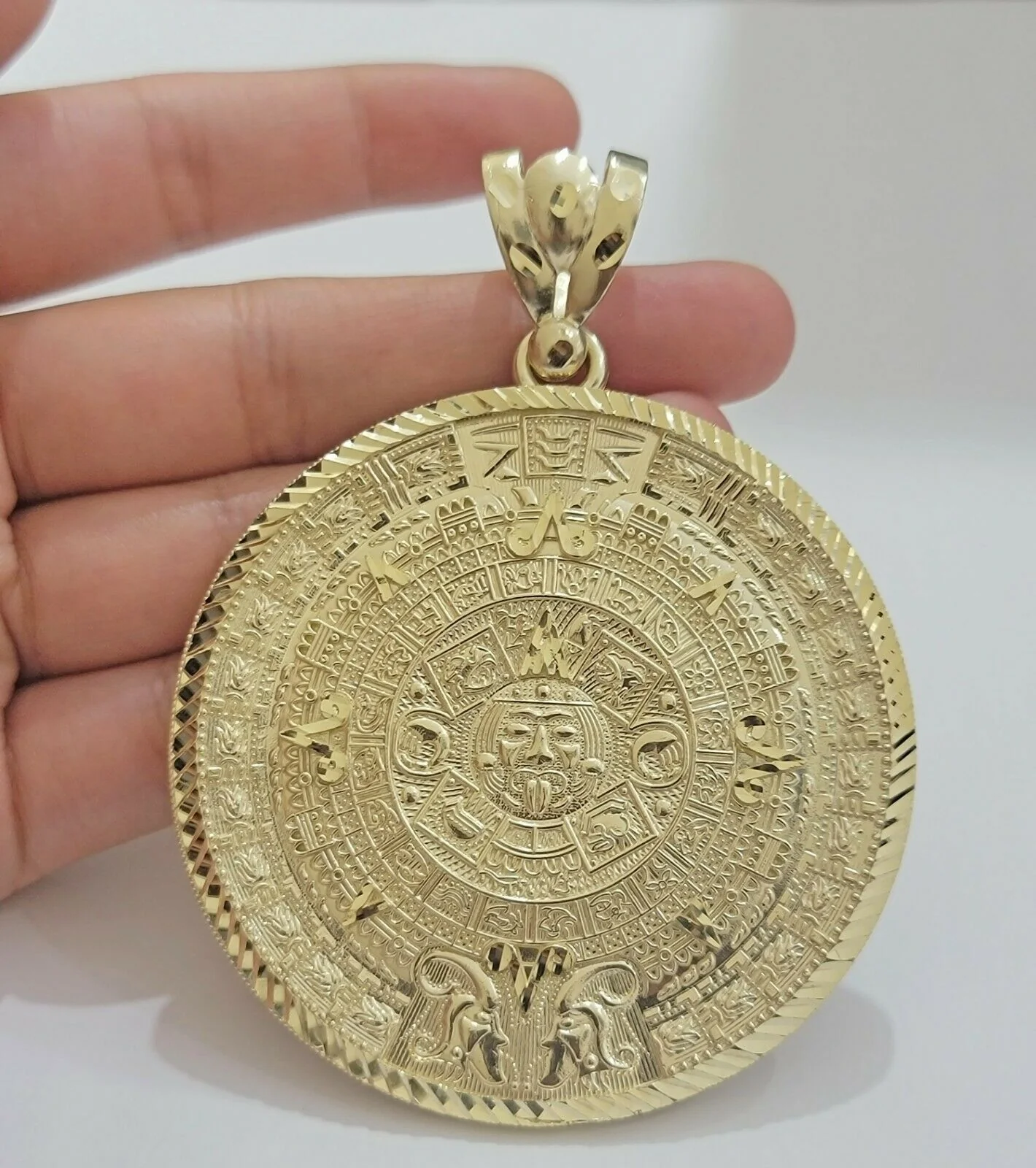 SOLID Real 10kt Yellow Gold Pendant Aztec Mayan Calendar 3" Men Charm 41-44 Gram - Image 3
