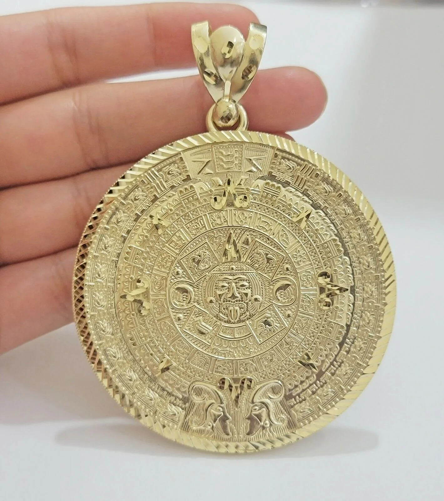 SOLID Real 10kt Yellow Gold Pendant Aztec Mayan Calendar 3" Men Charm 41-44 Gram - Image 6