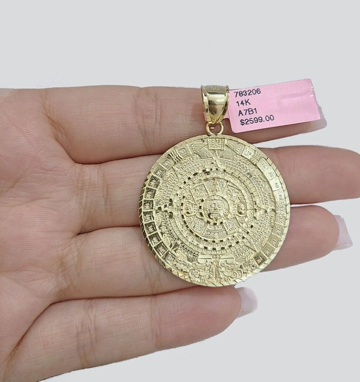 SOLID Real 14k Gold Charm Pendant Aztec Mayan Calendar 2" Men's Round Style 14k - Image 4