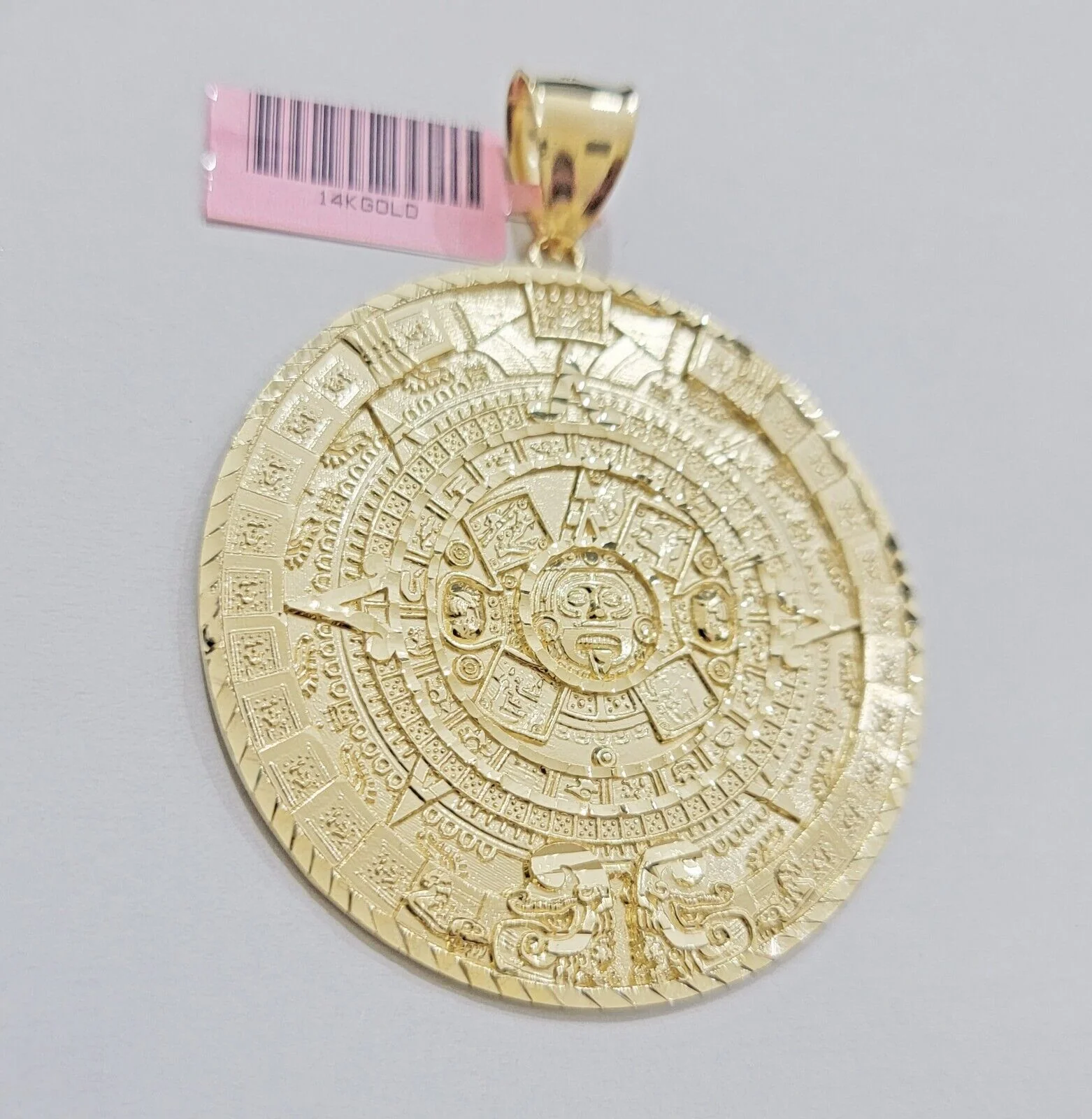 SOLID Real 14kt Yellow Gold Pendant Aztec Mayan Calendar 2.5" Men's Round Charm - Image 3