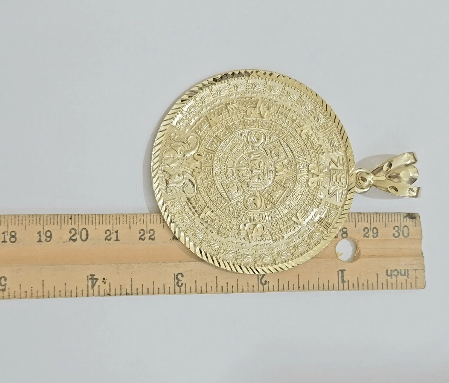 SOLID Real 14kt Yellow Gold Pendant Aztec Mayan Calendar 3.2" Men's Round Charm - Image 4