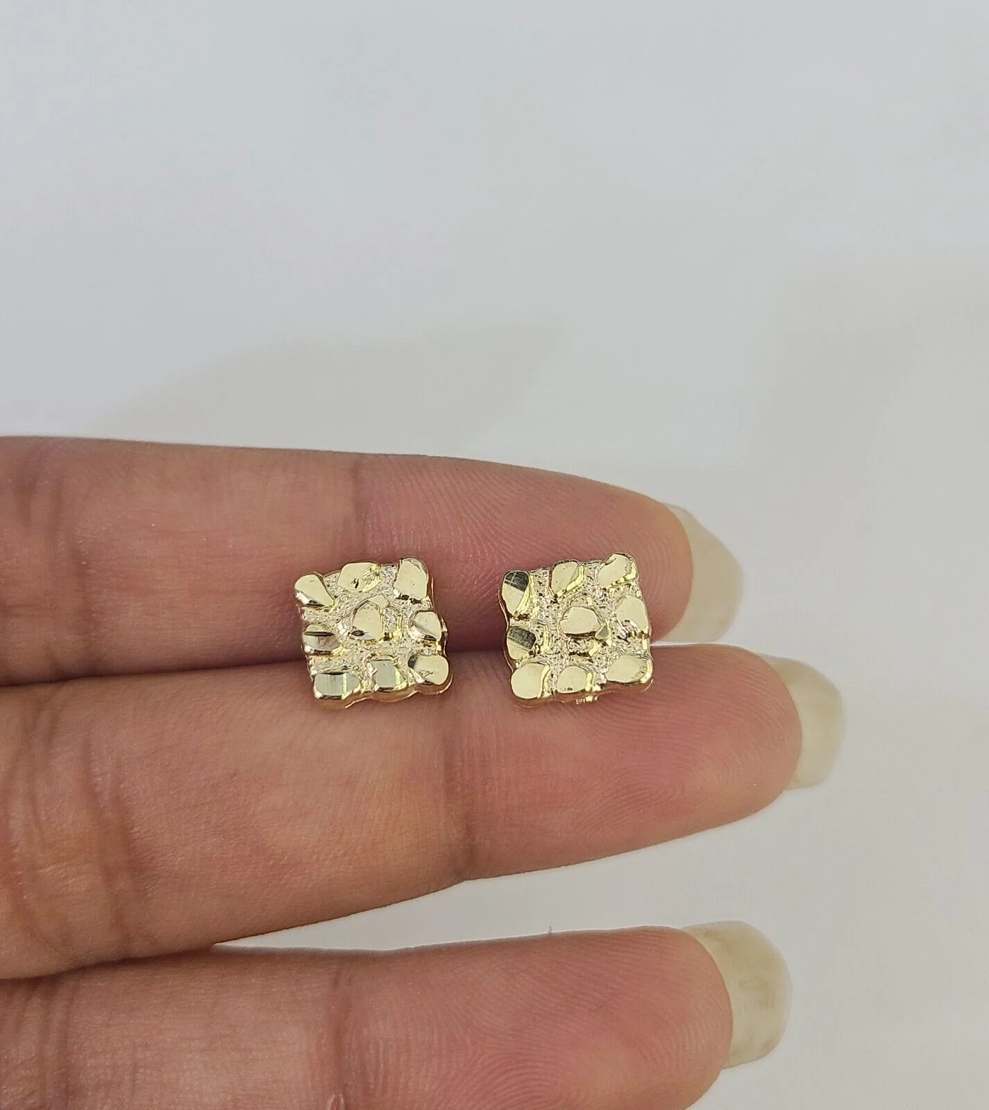 Square 10k Nugget Earrings Yellow Gold Push Back Hoop Real Men Women - Image 7